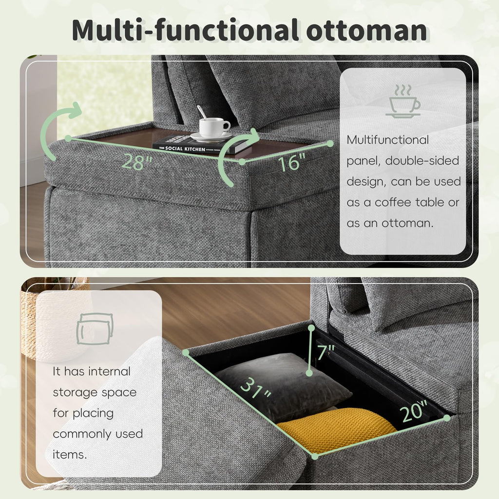 107" Modular Sectional Sleeper Sofa with Pull Out Bed, Oversized L-Shape Couch with USB Charger, Storage Ottoman & Adjustable Armrest, Chenille Sectional Couches for Living Room, Grey