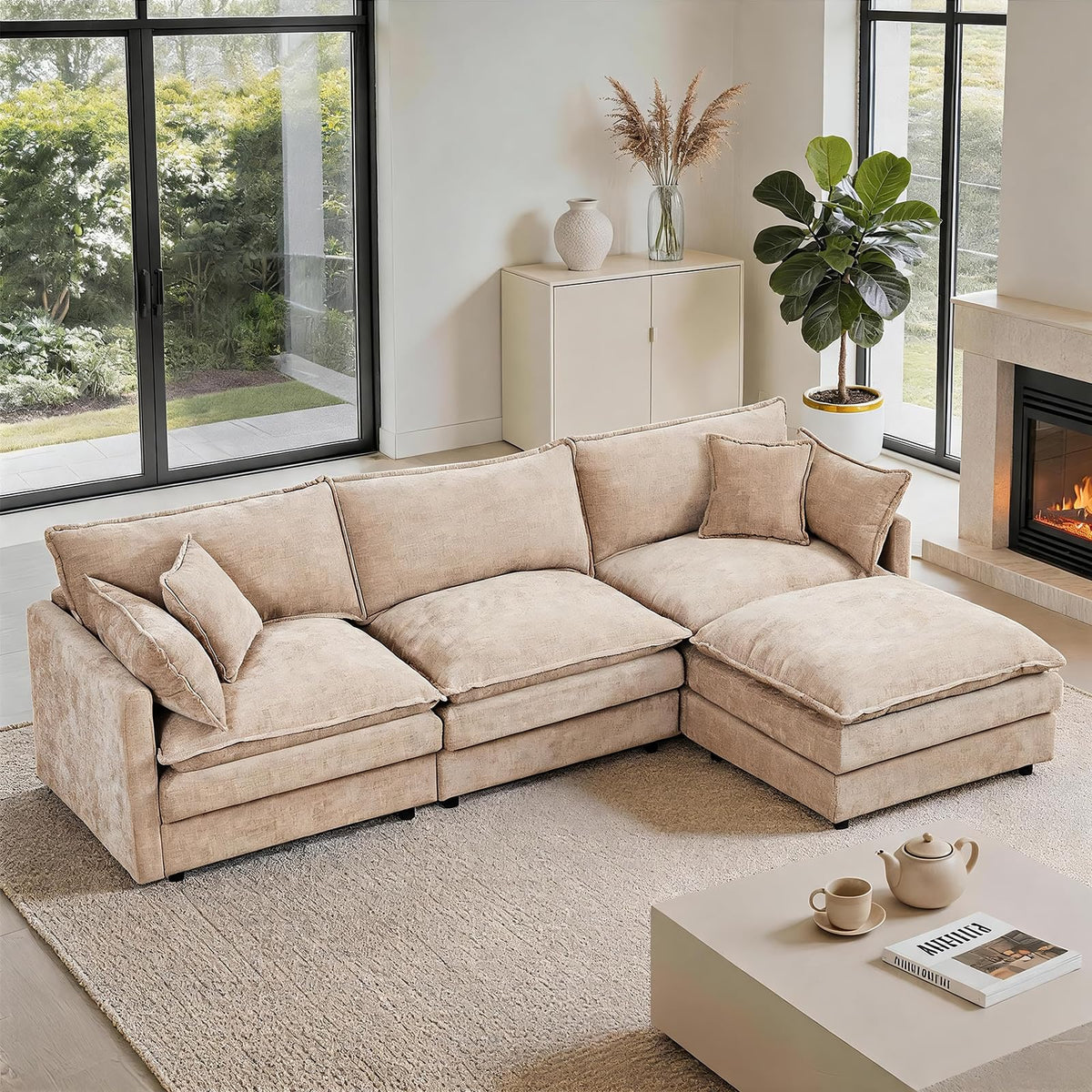 102" Modular Sectional Sofa, Chenille Couch with Ottoman,Beige (1, Camel, 110)