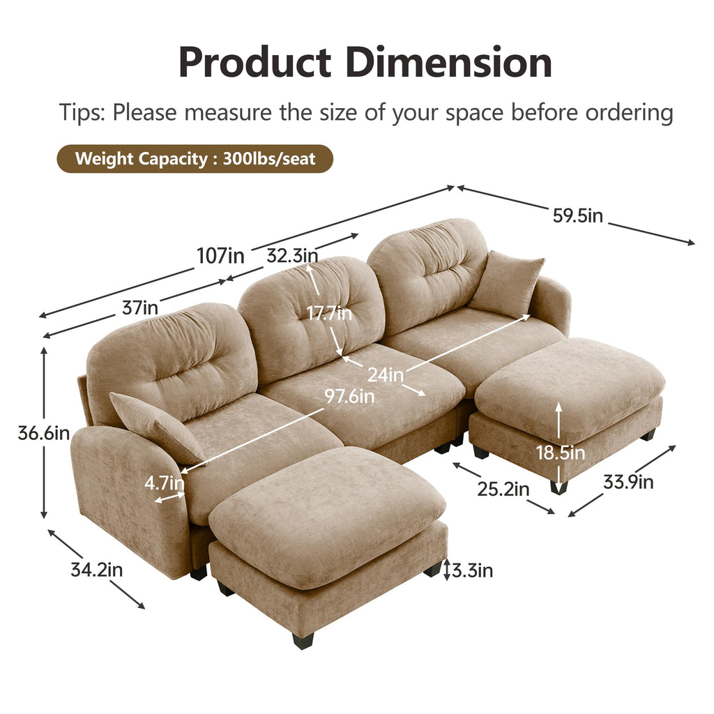 107" Modular Sectional Sofa, Comfy U Shaped Cloud Couch with Ottoman, Chenille Sofa Sleeper Deep Seat Sofas with Throw Pillows for Apartment-Camel