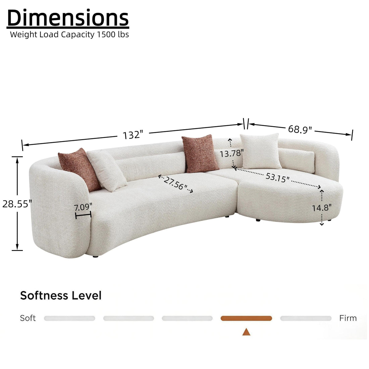 132" Curved Boucle Sectional Sofa, Modular L Shaped Couch with Chaise, Oversized Sectional Couch for Living Room, Beige Upholstered Sofa (Right Hand Facing)