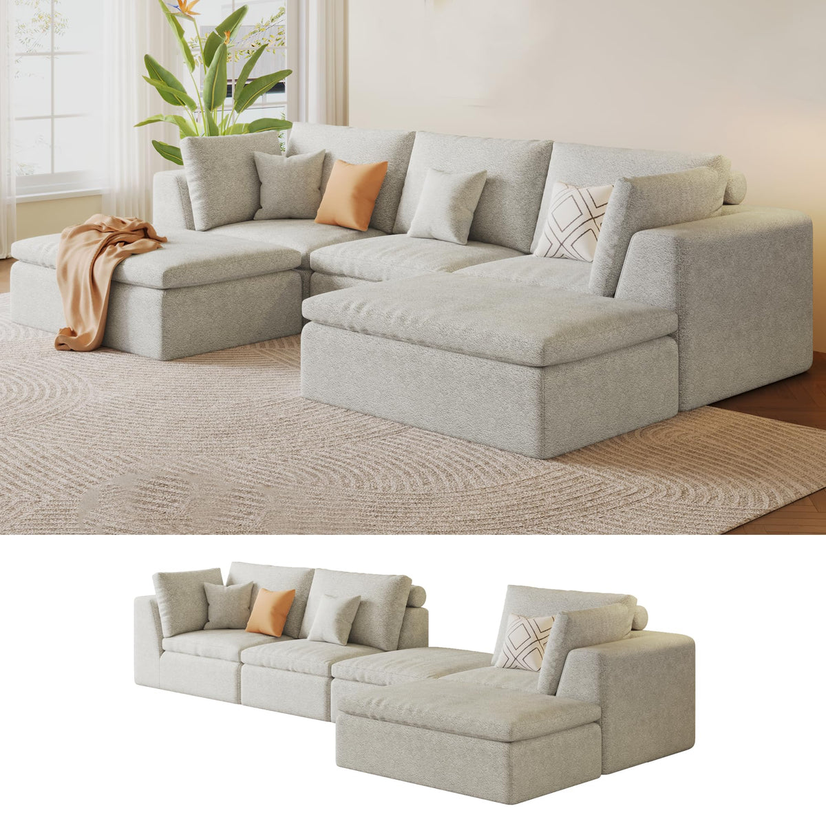 109" Oversized Modular Sectional Sofa L Shaped, Cloud Sectional Couch with Ottoman Deep Seat,Boneless Memory Foam Sofa for Living Room,Teddy Fleece Fabric, No Tools Assembly Required (Beige,1 Ottoman)