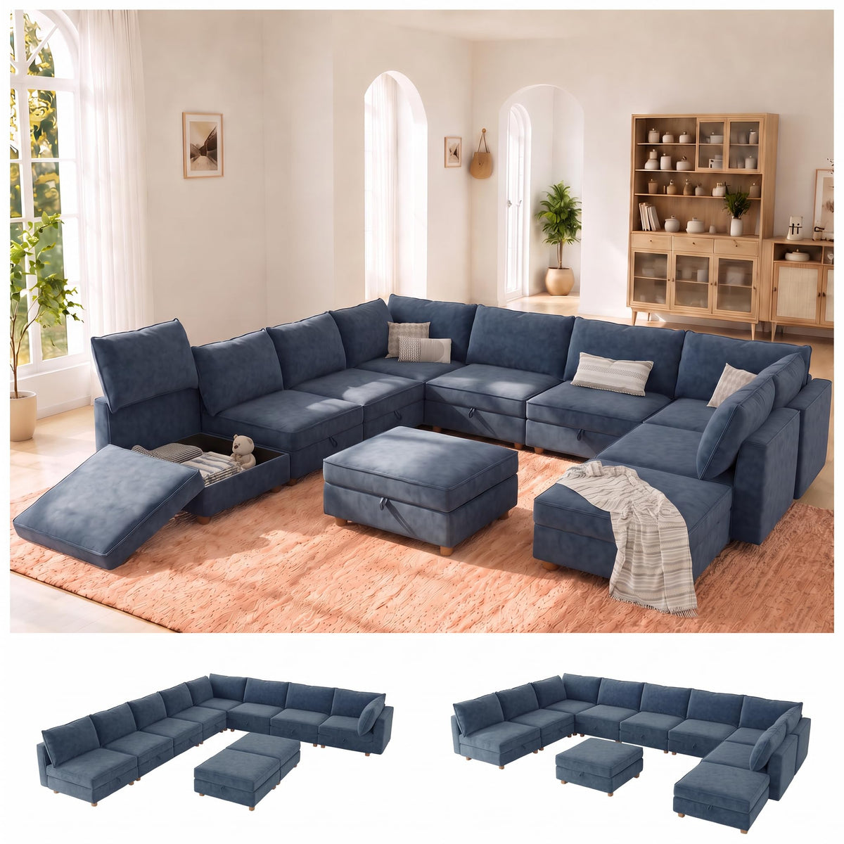 128'' Modular Sectional Sofa,8 Seat Chenille Sectional Sofa with Washable Covers,FSC Certified Modern Sectional Sofa with Storage & Ottoman,Convertible U/L Shaped Couch,Beige Couches for Living Room