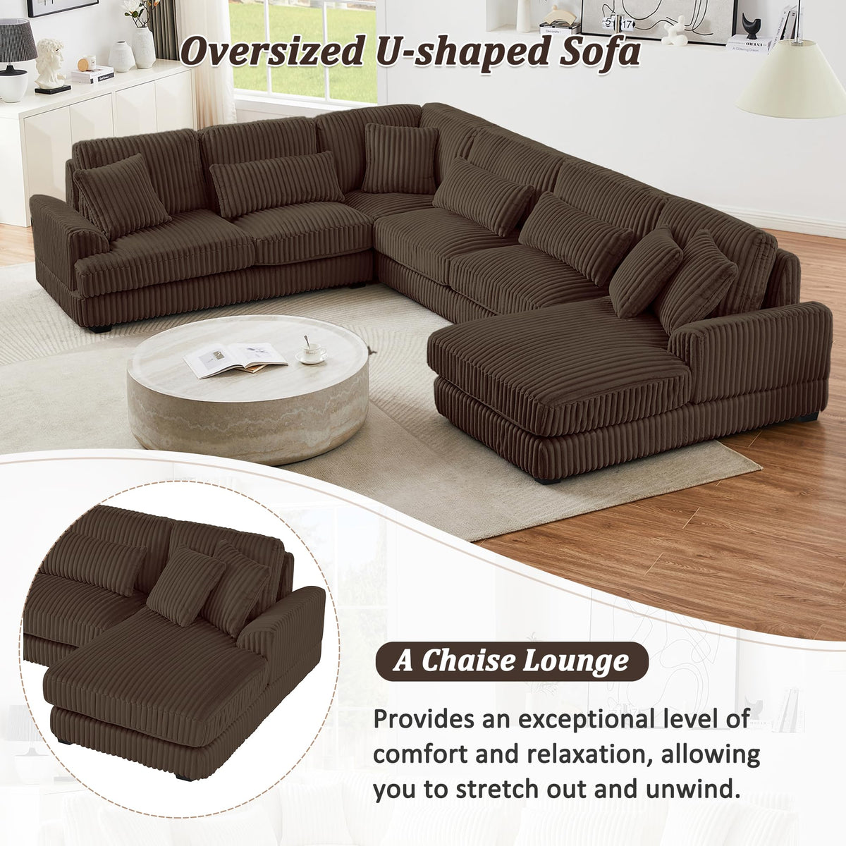 128.35'' Oversized Sleeper Sofa for Living Room, U-Shaped Sofa Couch Modern Sofa Upholstered with a Chaise Lounge for Living Room, Brown