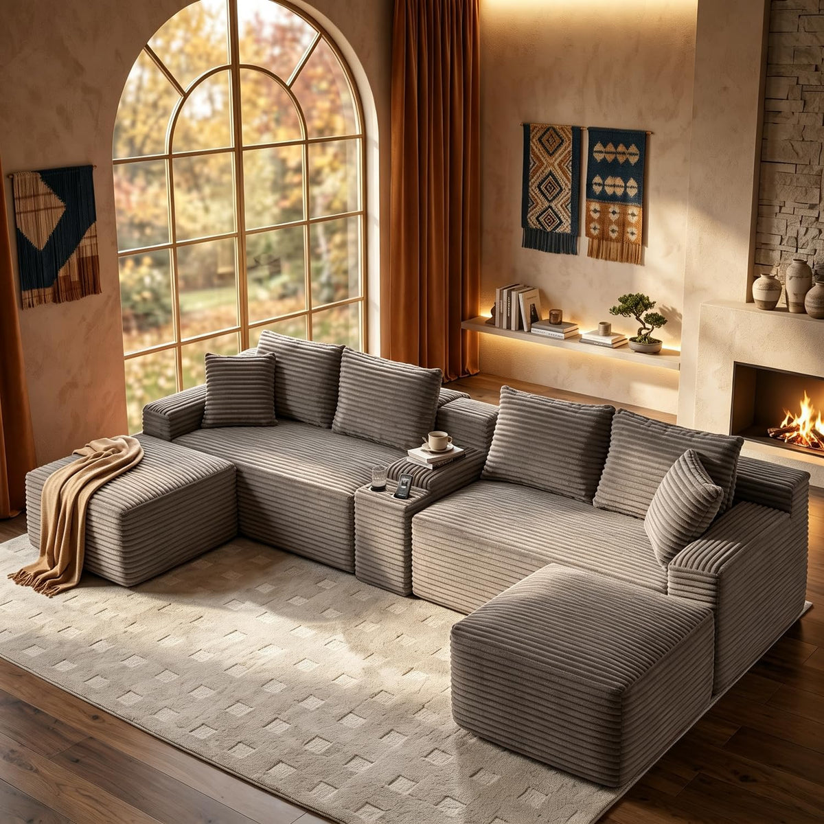 127" U-Shaped Cloud Sectional Modular Boneless Couch with Console，Black