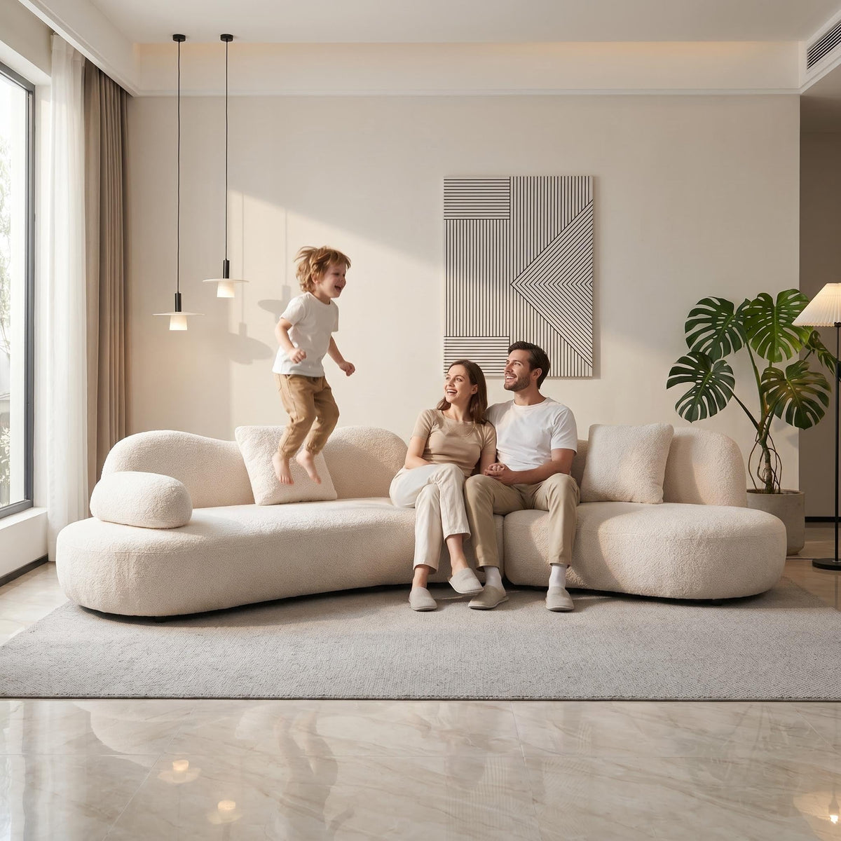 127" White Curved Boucle Modular Sofa, 5 Seater Cloud Couch for Living Room