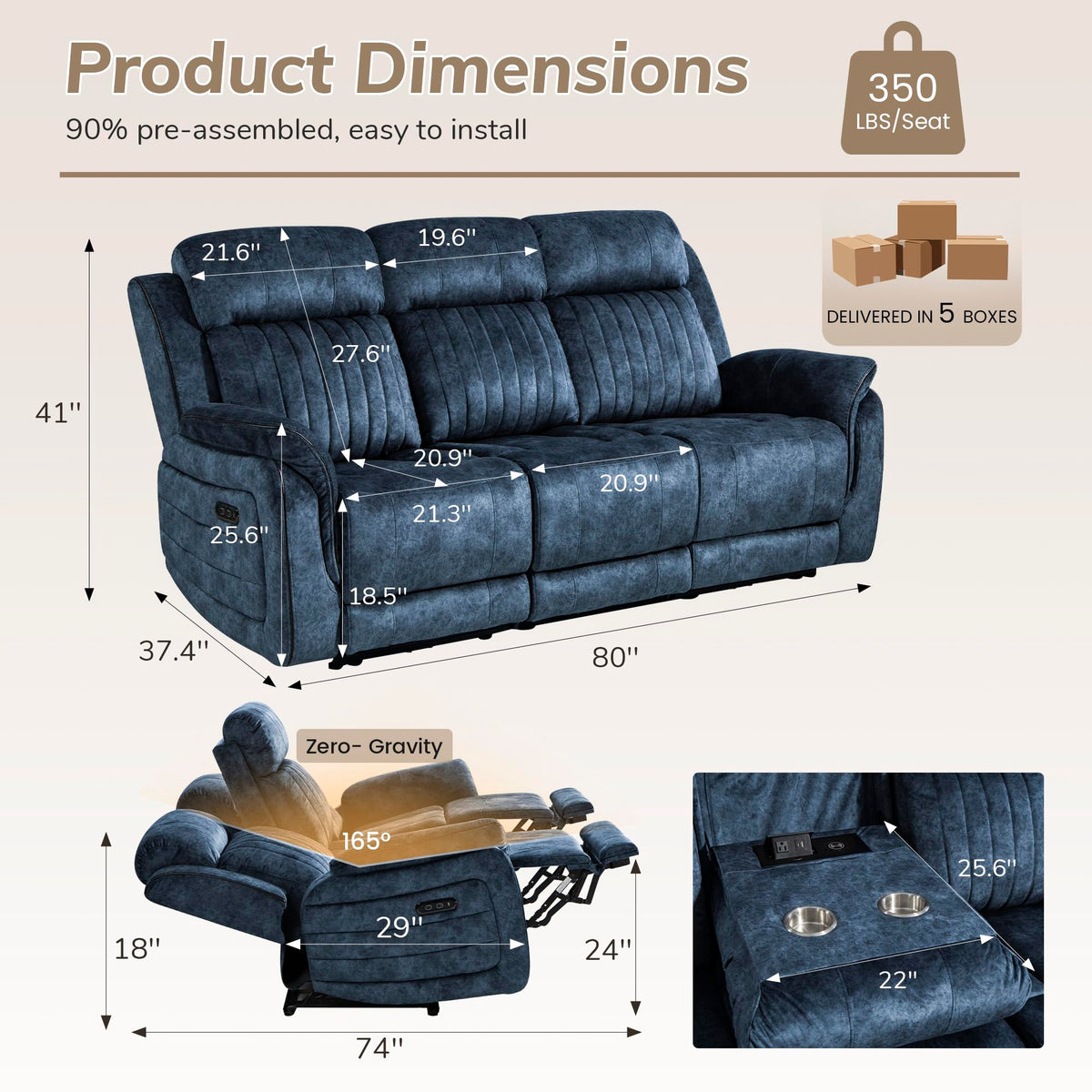 Zero Gravity Reclining Sofa w/ Drop-Down Backrest for Living Room, Blue