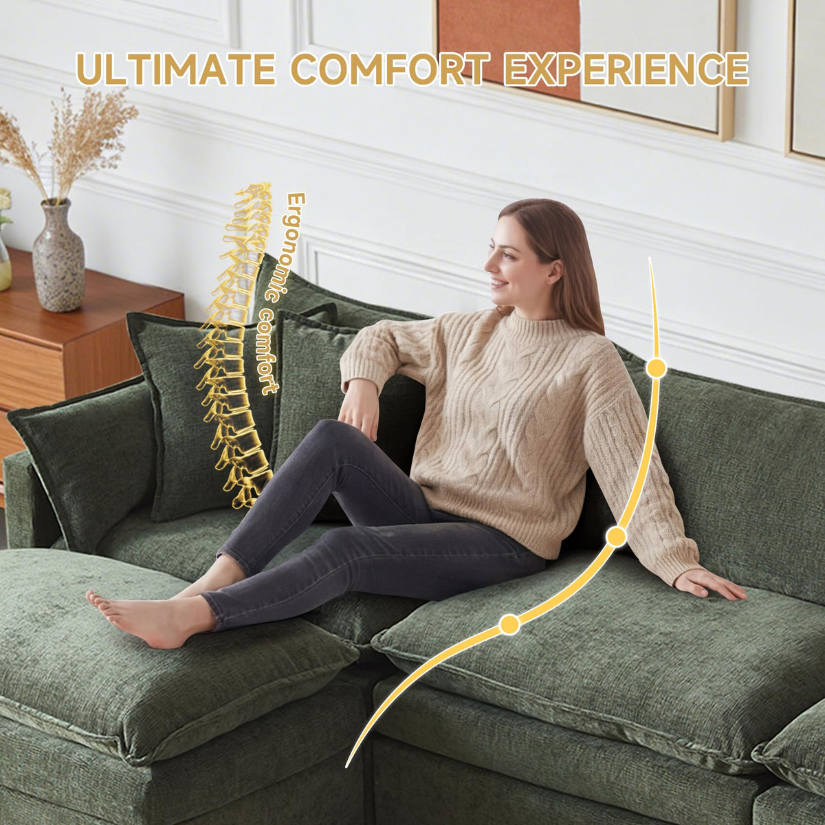108.66" L Shaped Modular Sectional Couch, Comfy Chenille Upholstered Cloud Couches with Movable Ottoman for Living Room, Modern 3 Seater Sofa with Pillows for Apartment, Green