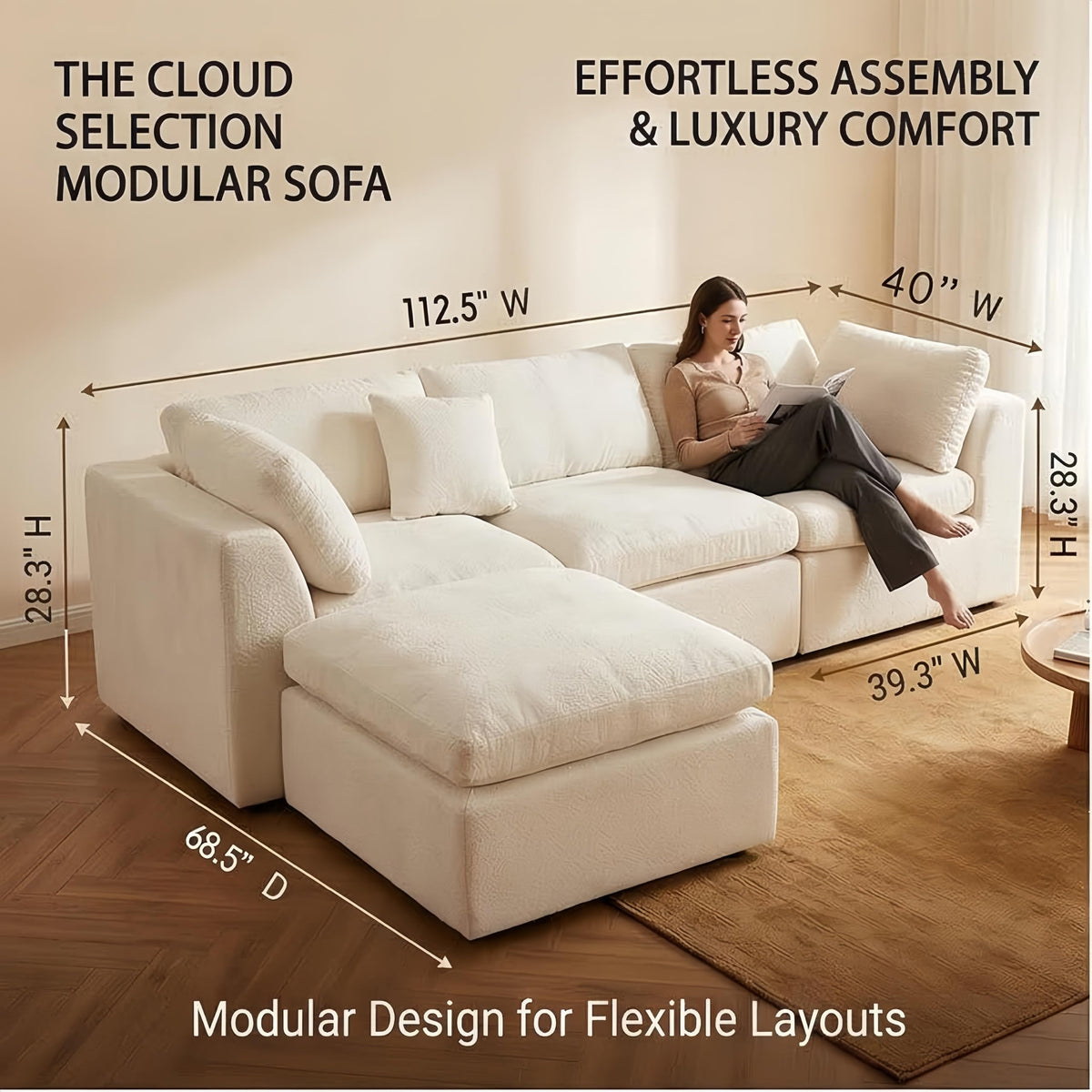 112.5" Cloud Couch Sectional, No Assembly Required Modern Modular Sectional Couches for Living Room, White Chenille L-Shaped Sofa with Ottoman & Pillows, 1200LBS Capacity, Apartment Friendly