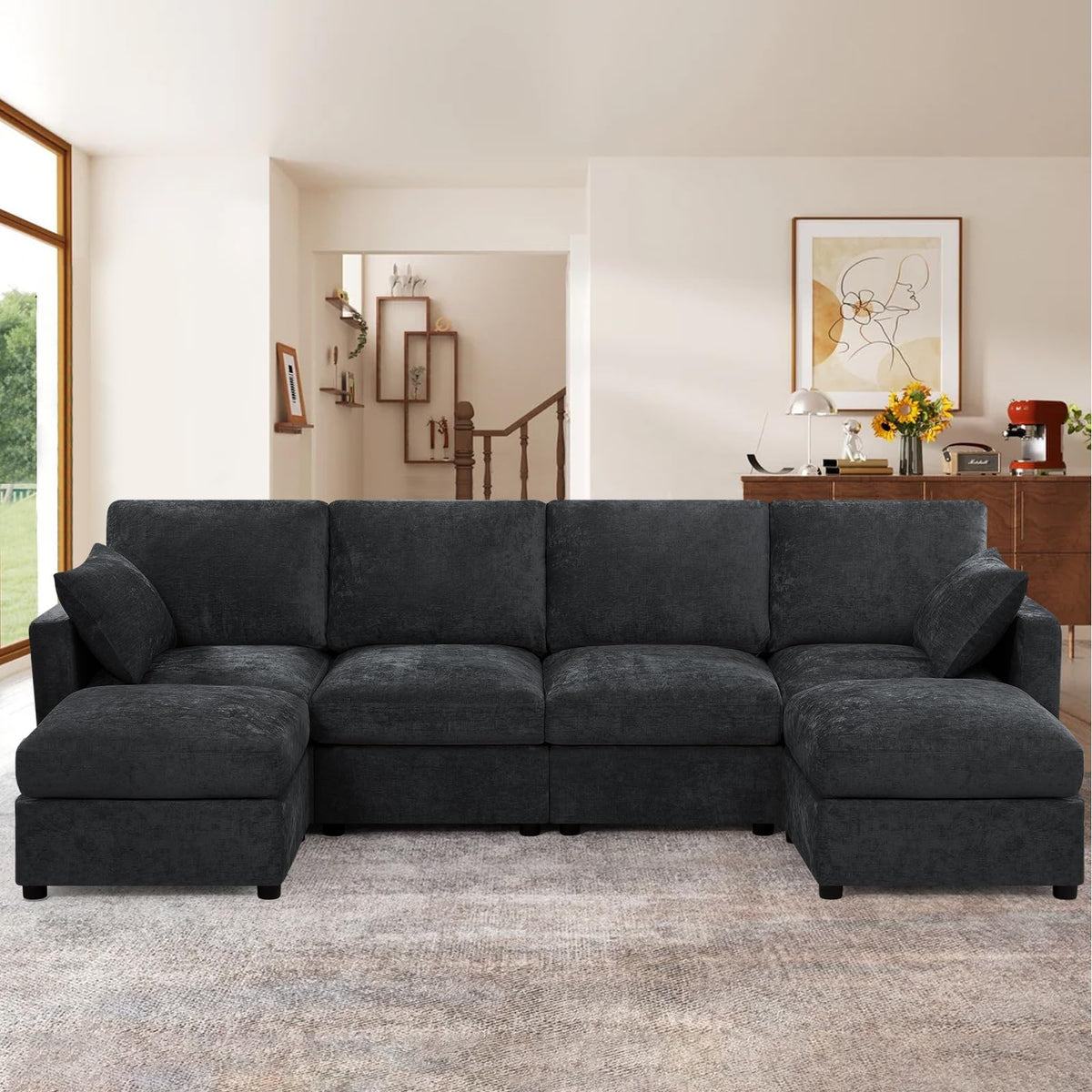 110" Chenille 4 Seats Couch with 2 Ottomans, Black