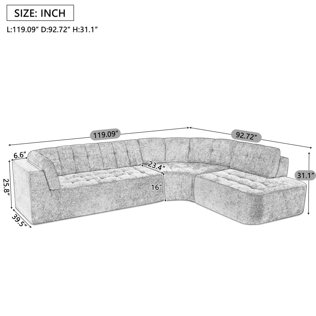 119'' Sectional Sofa, Curved L-Style Right-Hand Facing Couch with Fully Upholstered Arms, Tufted Design, Modern Minimalist Look, Dark Orange