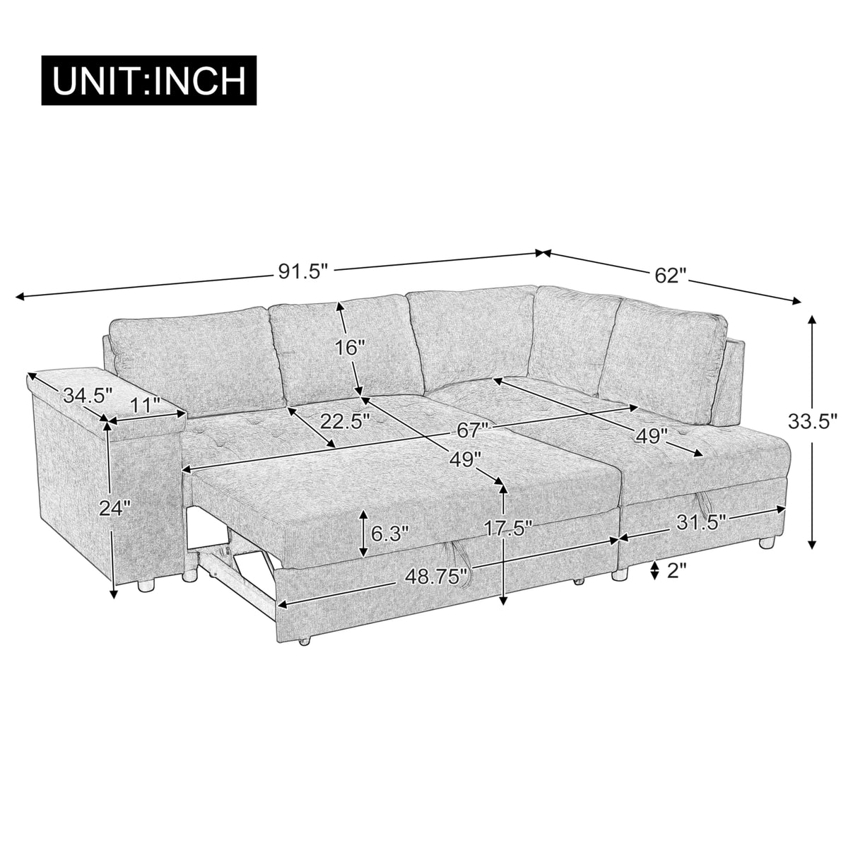 Tidyard L-Shaped Sectional Sofa with Pull-Out Bed & Hidden Storage, Convertible Sleeper for Living Room, Apartment, Bedroom – Wide Armrests, Under-Seat Storage