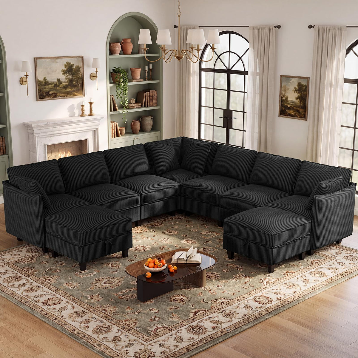WorthFurni 84.8" Modular Sectional Sofa, 6 Seater Corner Sofa Modern V-Shaped Couch with 1 Storage Ottoman, Comfortable Corduroy Sofa with Throw Pillows for Living Room, Apartment, Green