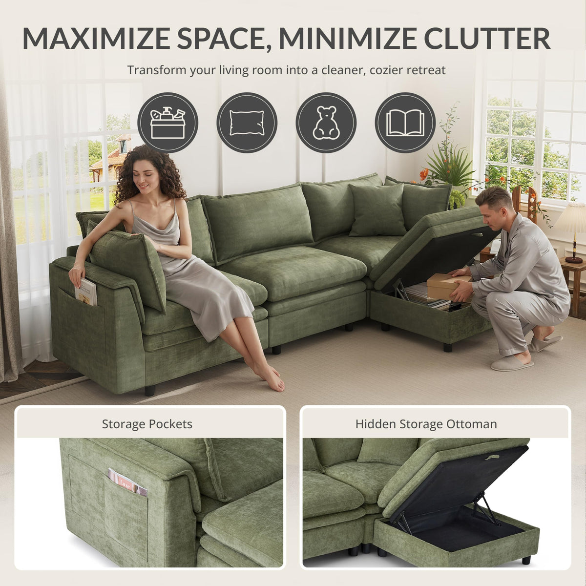 113.4''Sectional Couches for Living Room with Storage Ottoman