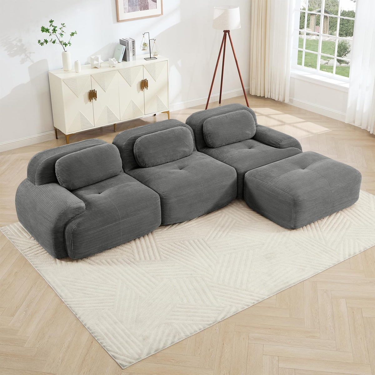 116" Corduroy Modern Minimalist Style Modular Sectional Couch, Convertible Modular Cloud Sleeper Sofa with Ergonomic Design, Modern Boneless Compressed Floor Sectional Sofa for Living Spaces, Black