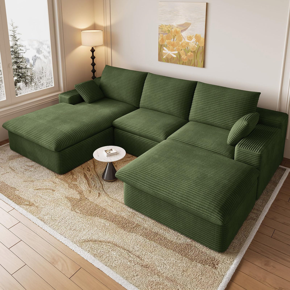 107" Cloud Couch Modular Sectional Couchs with Chaise Lounge, U-Shape Boneless Couches with Ottoman for Living Room, Corduroy Sofa with Deep Seat, No Assembly Required (Green, Left Facing Chaise)