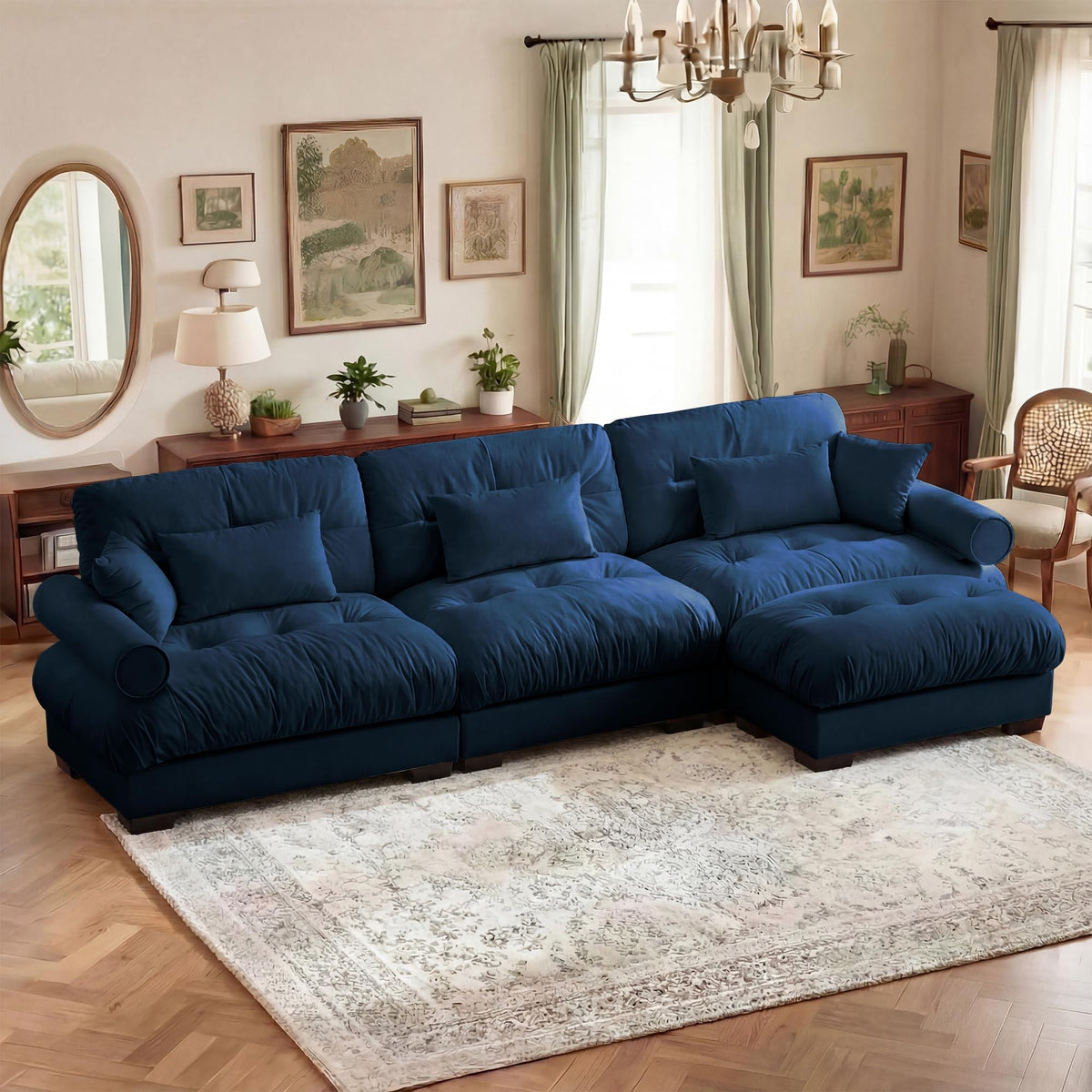 130" Cloud Couch, Oversized 3-Seater Couch with Ottomans and Pillows, Deep Seat L Shaped Sofa, Comfy Velvet Fluffy Sofas Modular Sectional Couches for Living Room (Blue, 3 Seat + 1 Ottoman)