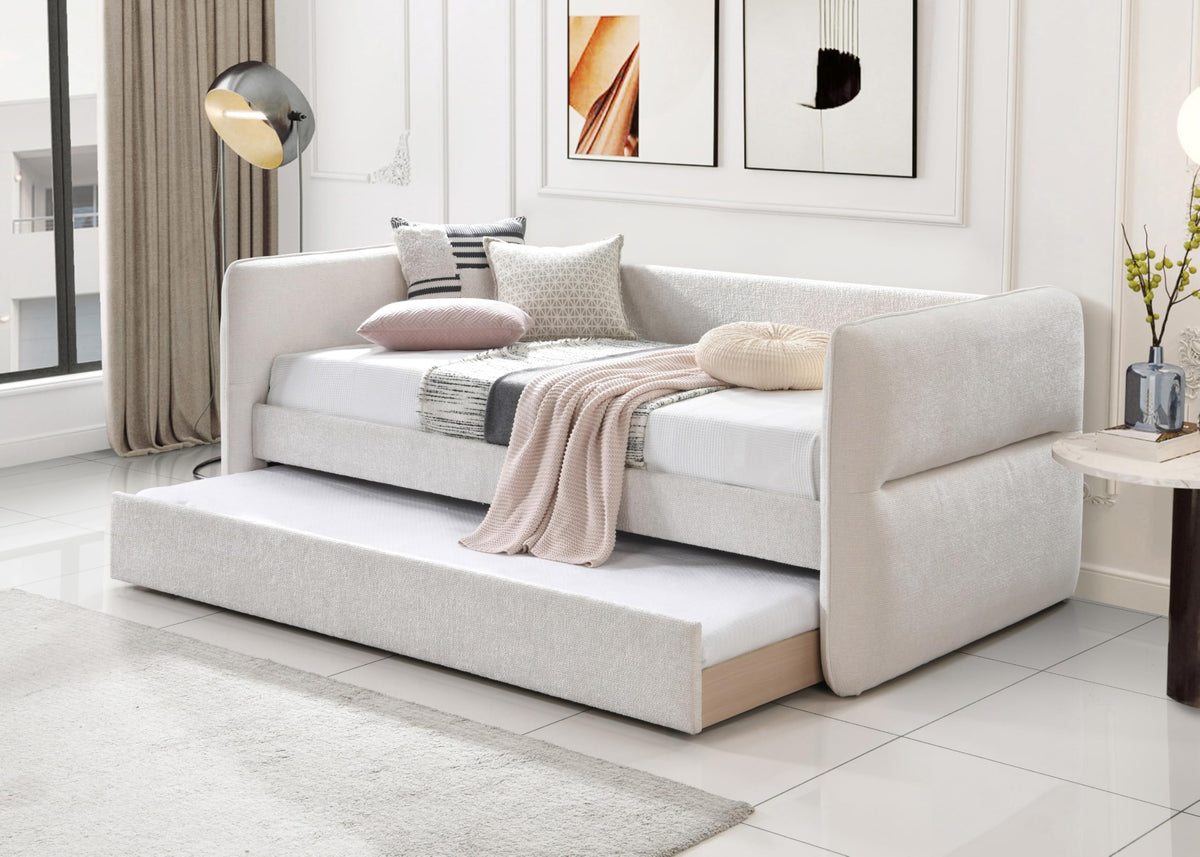 Versatile Daybed with Pull-Out Trundle, Textured Fabric Upholstery