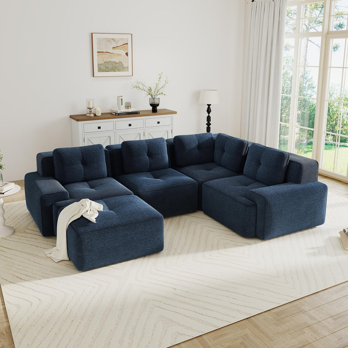 115.3” Camel Boneless Couches for Living Room, Modular Sectional Sofa with L-Shape Chaise, 3 Seater Comfy Upholstered Deep Seat Corduroy Fabric Cloud Couch No Assembly, Anti-Slip Design