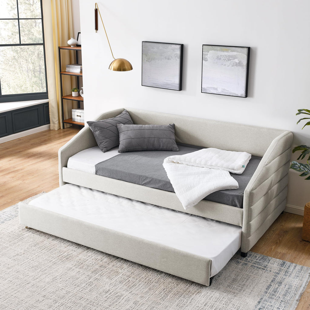 Twin Size Daybed with Trundle Upholstered Tufted Sofa Bed, Linen Fabric, Beige (82.5"x42.5"x34") YJ802