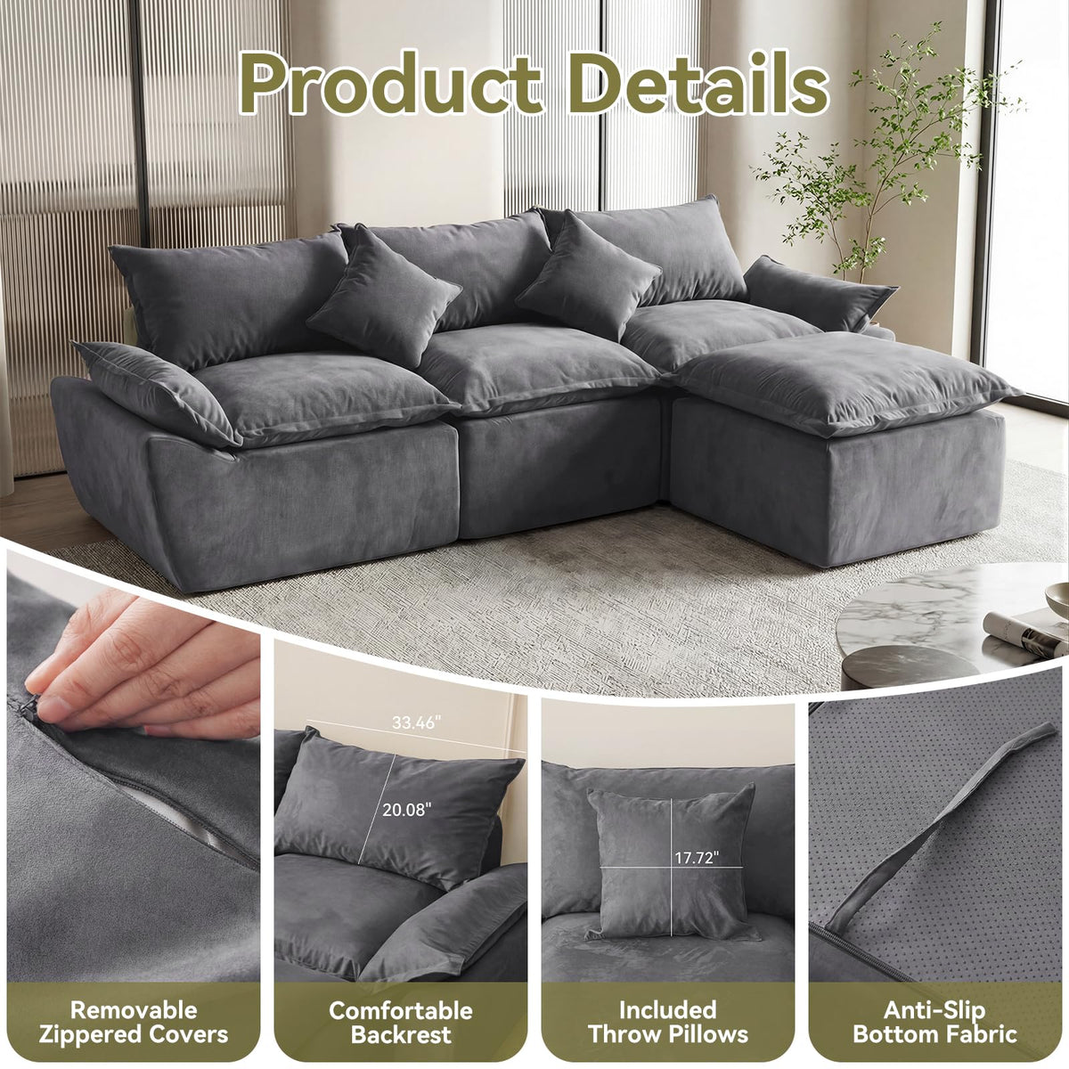 108" Modular Sectional Sofa, 3-Seater Cloud Couch with Moveable Ottoman, L-Shaped Boneless Sofa, Deep Seat Comfy Couches for Living Room Bedroom, No Assembly Required, Gray