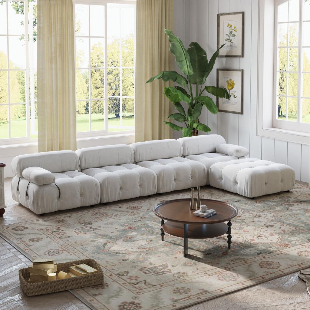 WJShome Modular Sectional Sofa, 103.95 inch Convertible Sofa Couch,L Shaped Velvet Minimalist Couch for Living Room, 4 Seater+1 Ottoman Modern Large Free Combination Sofa (Beige, 5 Seater)