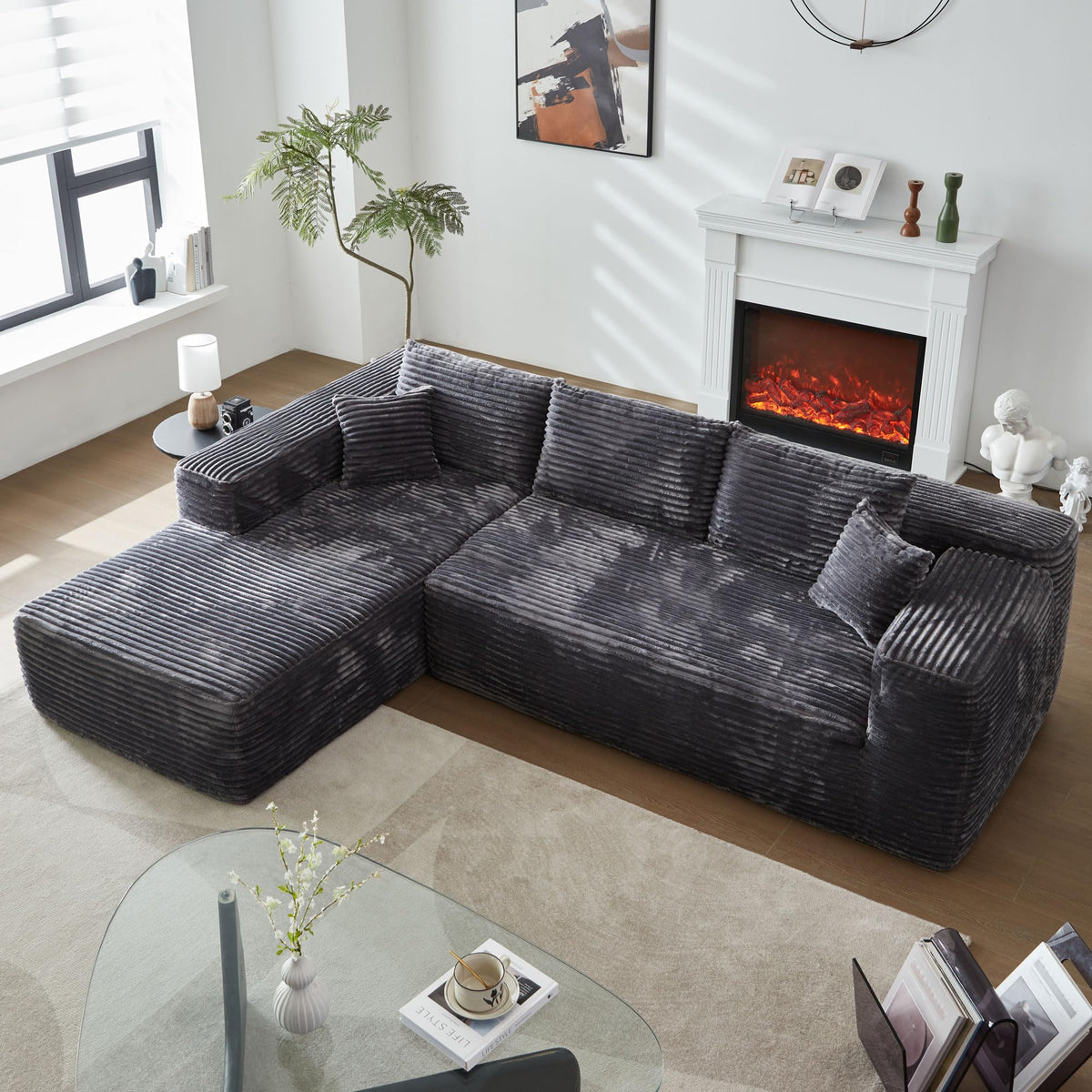 104" L-Shape Modular Sectional Sofa Couch,Comfy Upholstered Cloud Couch for Living Room,Modern Minimalist Couches,Deep Seat,No Assembly Required (Black,Plush Corduroy, Right Facing Chaise w/Ottoman)