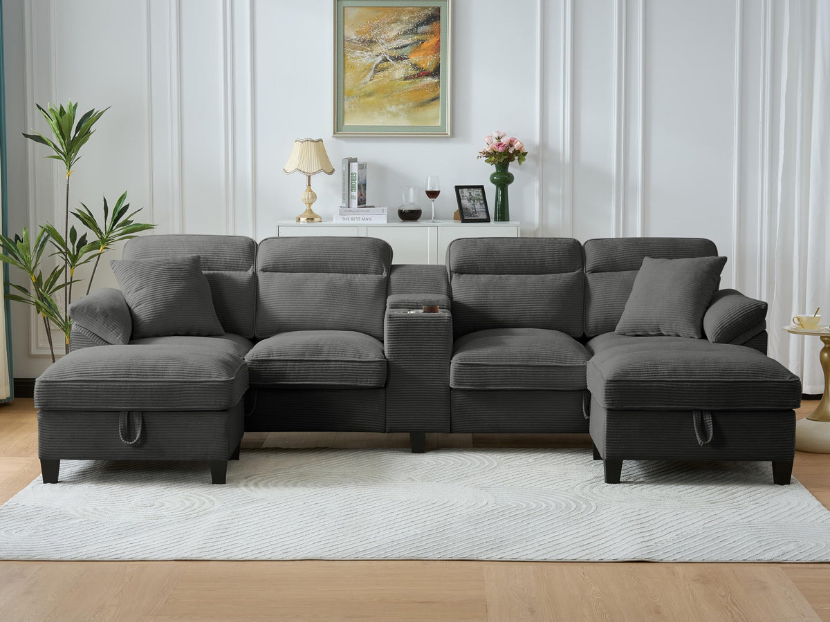 116 Inch Sofa Couch,Sectional Couches for Living Room with 2 Cup Holders,Corduroy Modular Sectional Sofa with Movable and Storable Ottoman.（Beige）