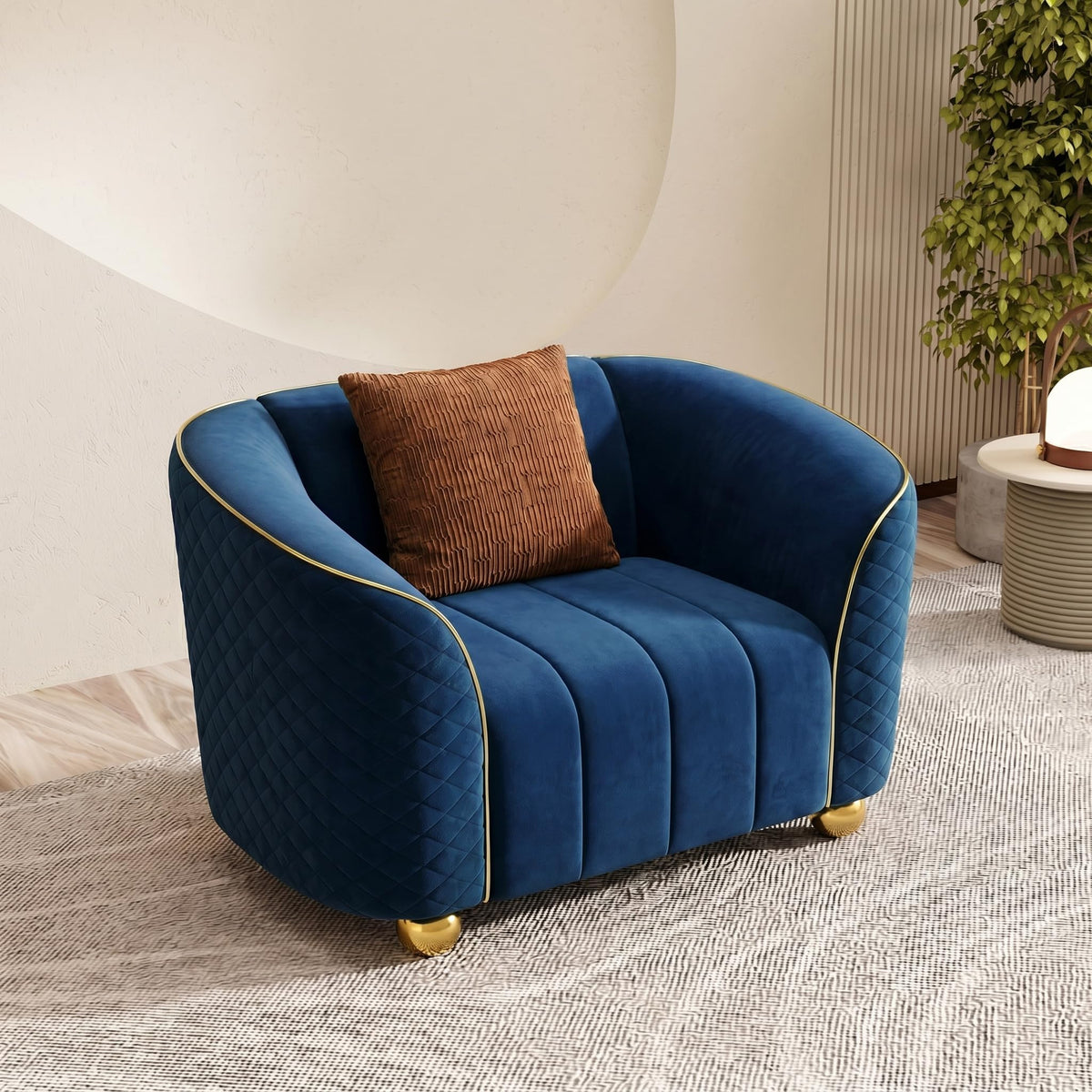 1-Piece Luxury Velvet Sofa Set for Living Room, Elegant Design Couch Set with Curved Armrests and Gold Edge Trim, Tufted Upholstered Couch with Gold Metal Legs (Green, 3 Seater)