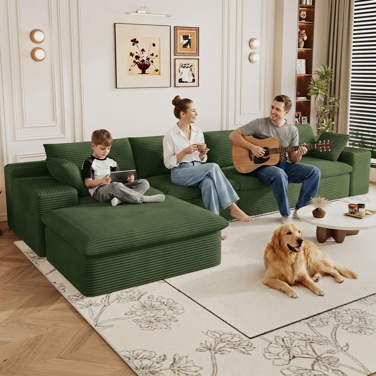 107" Cloud Couch Modular Sectional Couchs with Chaise Lounge, U-Shape Boneless Couches with Ottoman for Living Room, Corduroy Sofa with Deep Seat, No Assembly Required (Green, Left Facing Chaise)
