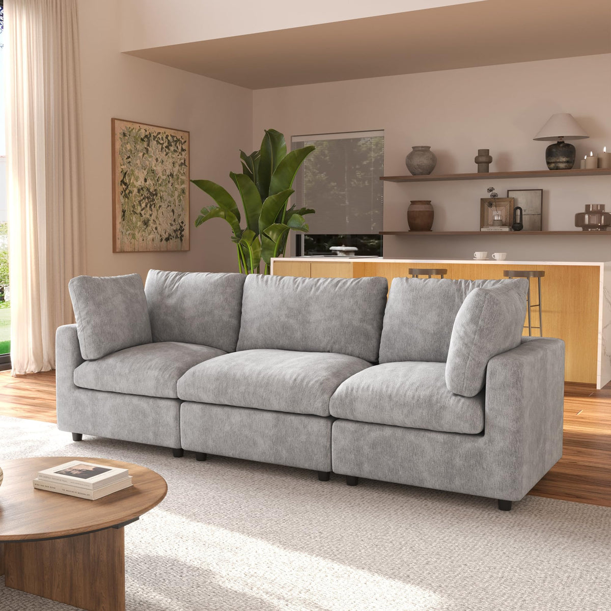 120" Cloud Couch Chenille Sectional Sofa for Livingroom Beige