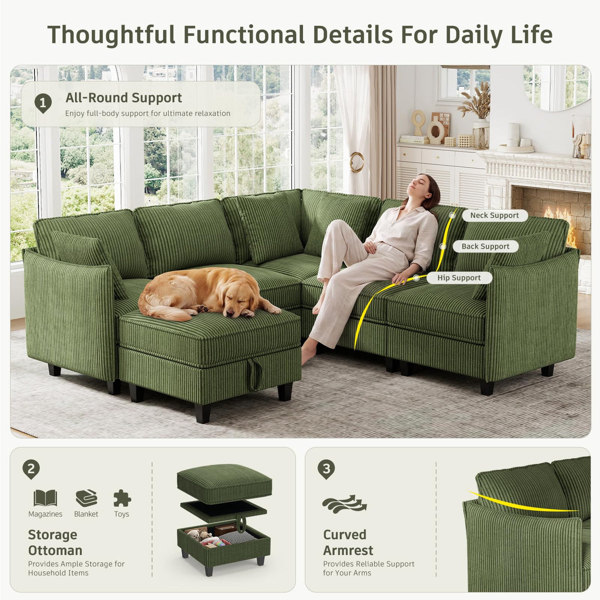 WorthFurni 84.8" Modular Sectional Sofa, 6 Seater Corner Sofa Modern V-Shaped Couch with 1 Storage Ottoman, Comfortable Corduroy Sofa with Throw Pillows for Living Room, Apartment, Green