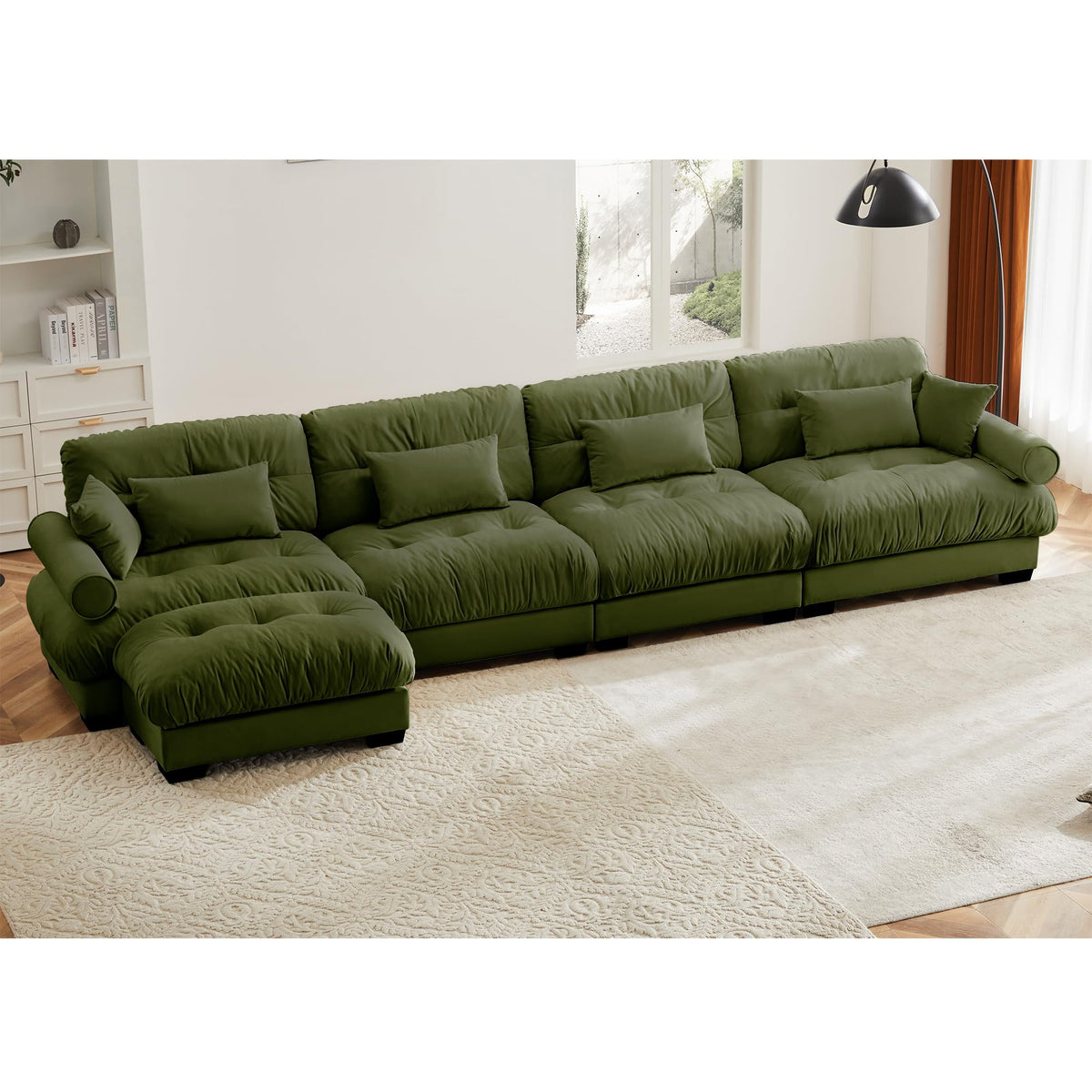 130" Modular Sectional Sofa,Velvet Upholstered Couches for Living Room,3 Seater Green Sofa Couch with Movable Ottoman,Big Comfy Loveseat Sofa with Deep Seats for Living Room,Apartment,Bedroom