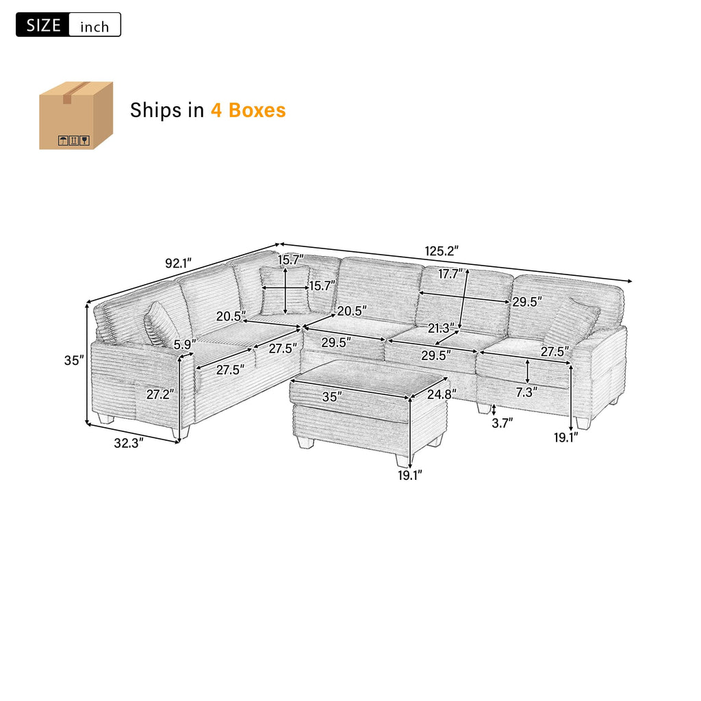 125.2" Sectional Sofa U-Shaped Upholstered Sofa L-Shaped Couch with a Movable Ottoman and Side Storage Pockets for Living Room, Black
