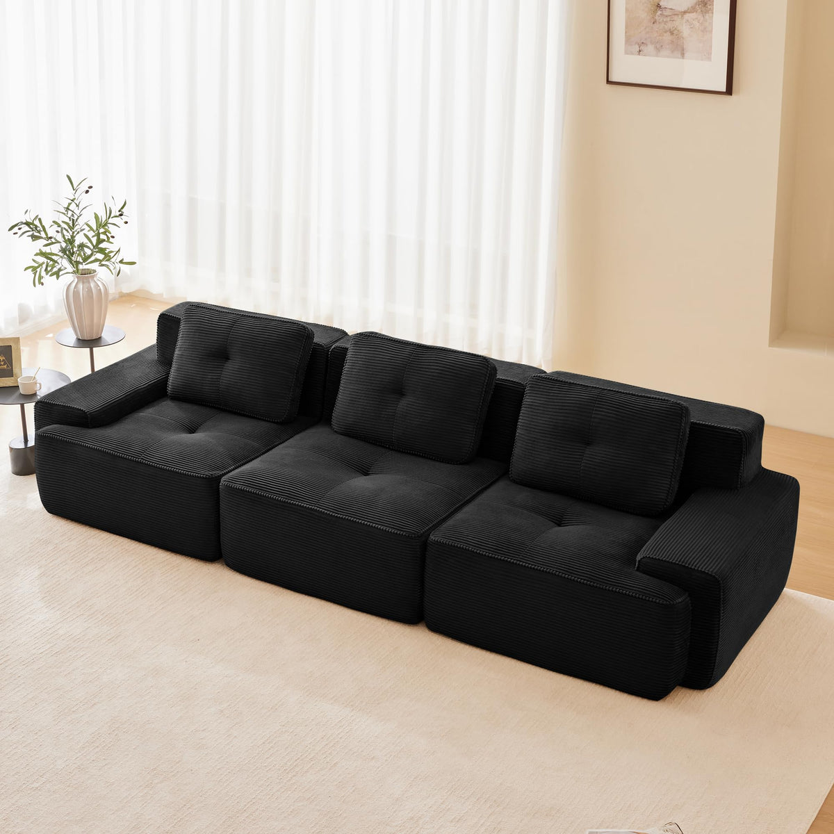 Tidyard 11? Modern Modular Sectional Sofa for Living Room, Corduroy Fabric, Oversized 3-Seater Couch with Deep Seat, Pearl Piping, Tufted Design, No Assembly, Anti-Slip Base, Black