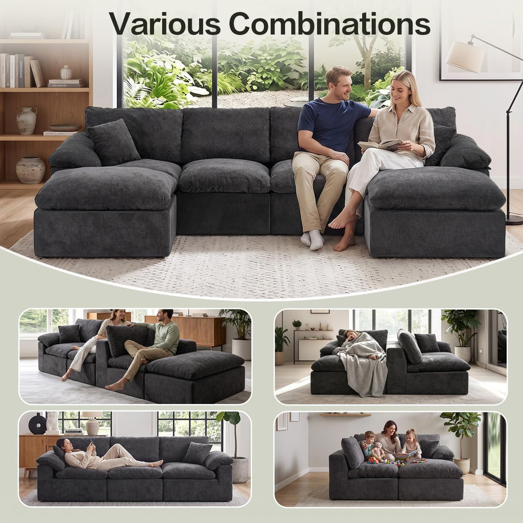 130" Oversized Boneless Sofa, Movable Ottoman, Chenille, No Assembly, Black