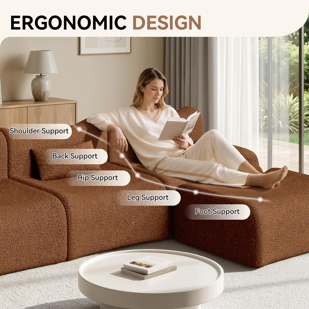 126" L Shaped Boneless Couch, 4-Seat Modular Sectional Sofa with Ottoman, Teddy Fleece Upholstery, Deep Seat Cloud Couch, No Assembly Required,Brown