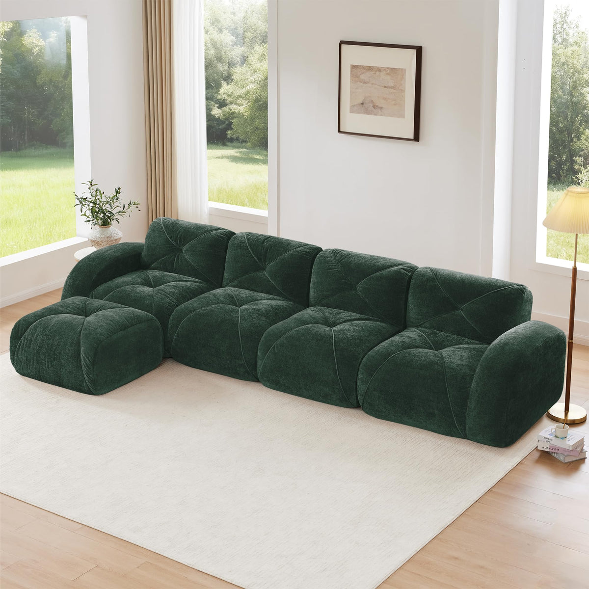 U-Shaped Boneless Sofa, Tufted 32d High Density Sponge Bottom, Anti-Slip Design, No Assembly Required, Free Combination, Movable Ottomans for Living Rooms, Home Theater, Blue