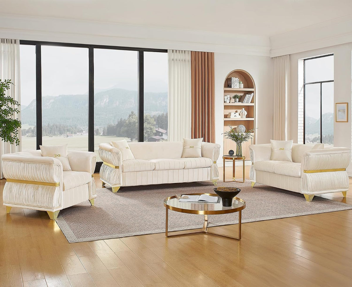 WinJoy 2 Piece Set Modern Velvet Three Seater and Two Seater Sofa Upholstered Luxury Couch with 4 Pillows Gold Metal Trim Tapered Gold Legs & Curved Armrests for Living Room Beige