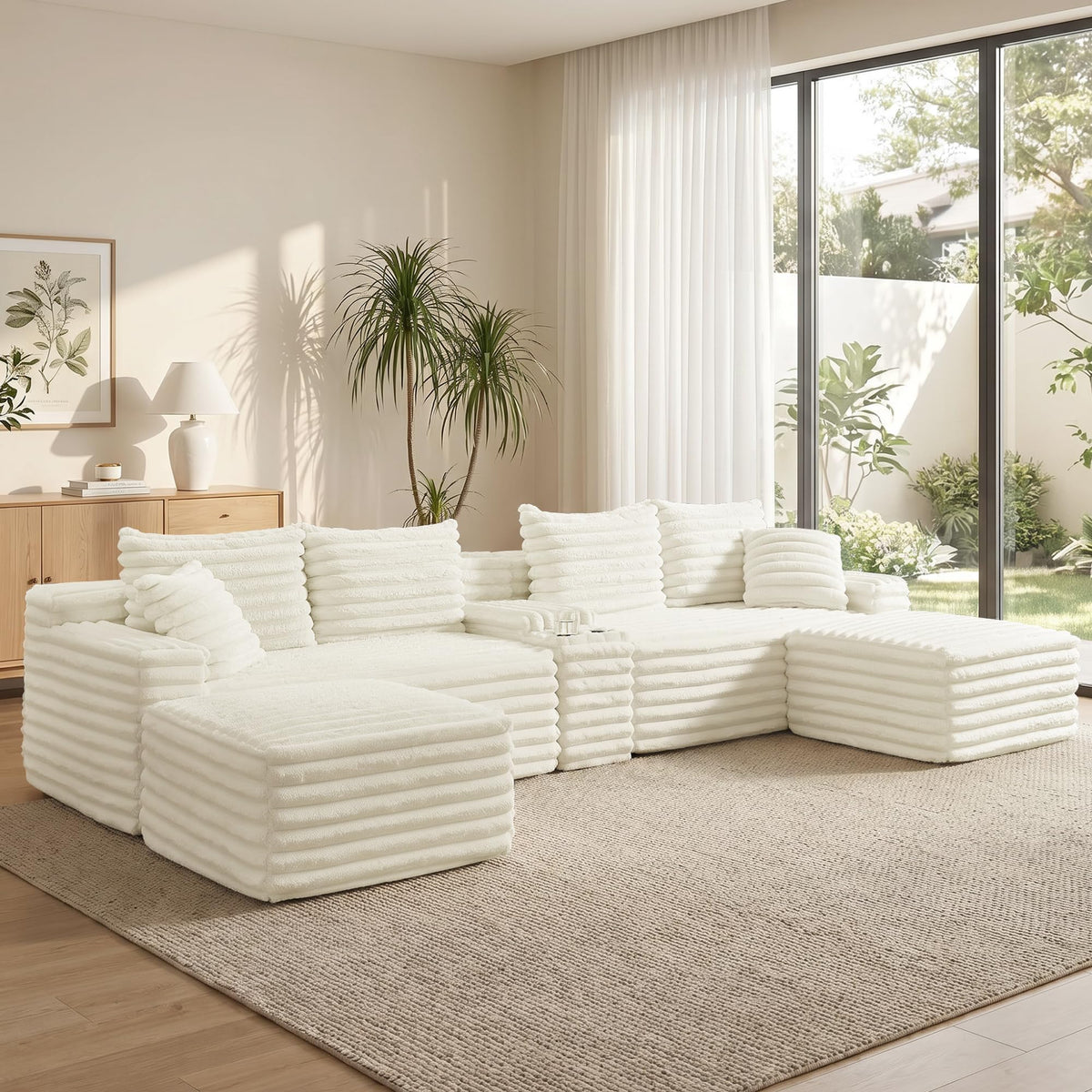 127-Inch U-Shaped Symmetrical Cloud Sectional Couch Compressed Modular Boneless Sectional Sofa with Chaise Lounges and Wooden Console, Fluffy Corduroy Boneless Corner Sofa Couch for Living Room