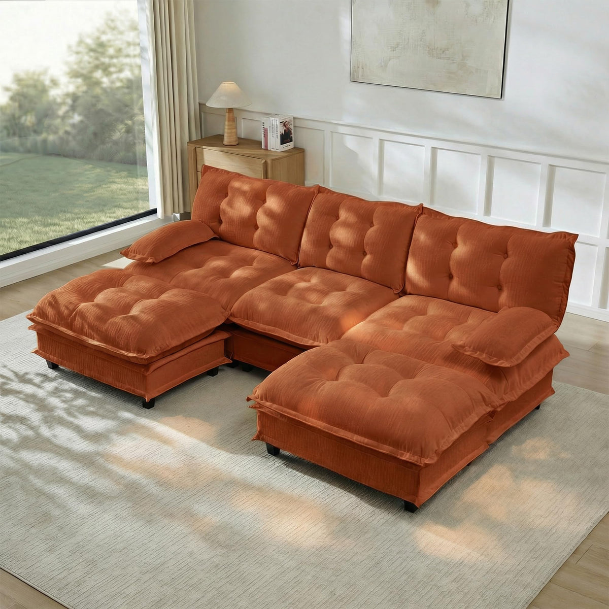U Shaped Modular Sectional Sofa - 108" Chenille Cloud Deep Seat Couch with Ottoman, 5-Seat Comfy Lattice Decored Seat Cushion for Living Room, Apartment,Light Coffee
