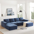 110" Cloud Chenille Deep Seat Chaise Lounge Indoo, Modular Sectional Sofa with Spring Pack Support, Modern Boneless Compressed Floor Sectional Sofa with U-Shaped for Living Room, Navy