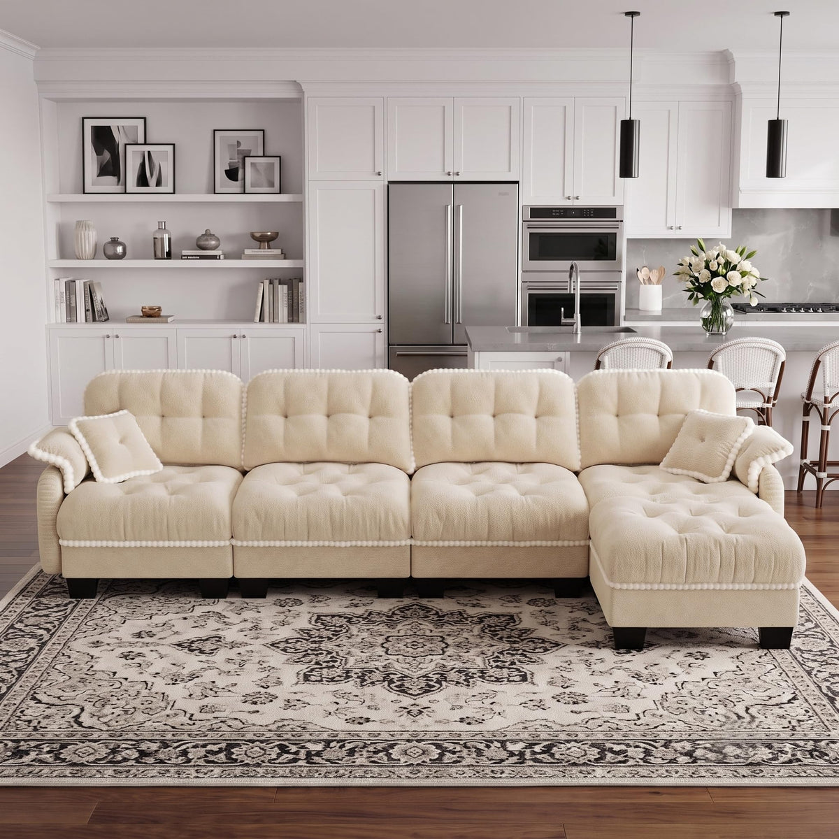 100.7" Chenille Cloud 3-Seater Sofa, Tufted Deep Seat Couch with Pom-Pom Trim & 4 Pillows, Ergonomic Easy Assembly Modular Sofa for Living Room & Apartment（Green ）