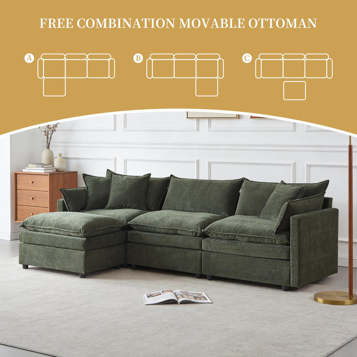 108.66" L Shaped Modular Sectional Couch, Comfy Chenille Upholstered Cloud Couches with Movable Ottoman for Living Room, Modern 3 Seater Sofa with Pillows for Apartment, Green