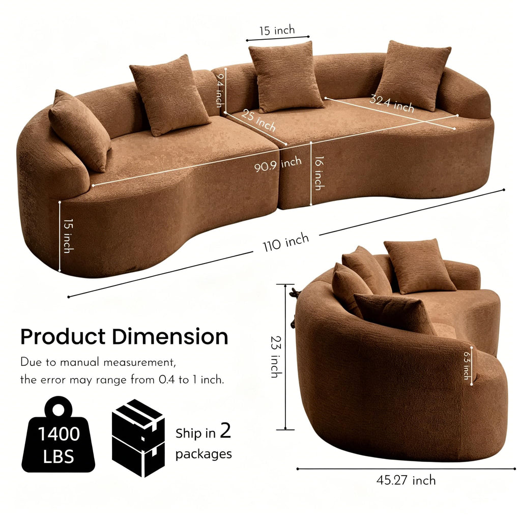 110.2" Boneless Curved Modular Sofa, Modern S-Shaped Chenille Upholstered Couch with 4 Pillows, Spring & Foam Support Soft Packed Sofa for Small Space Living Room, Home Decor (Caramel, 4)