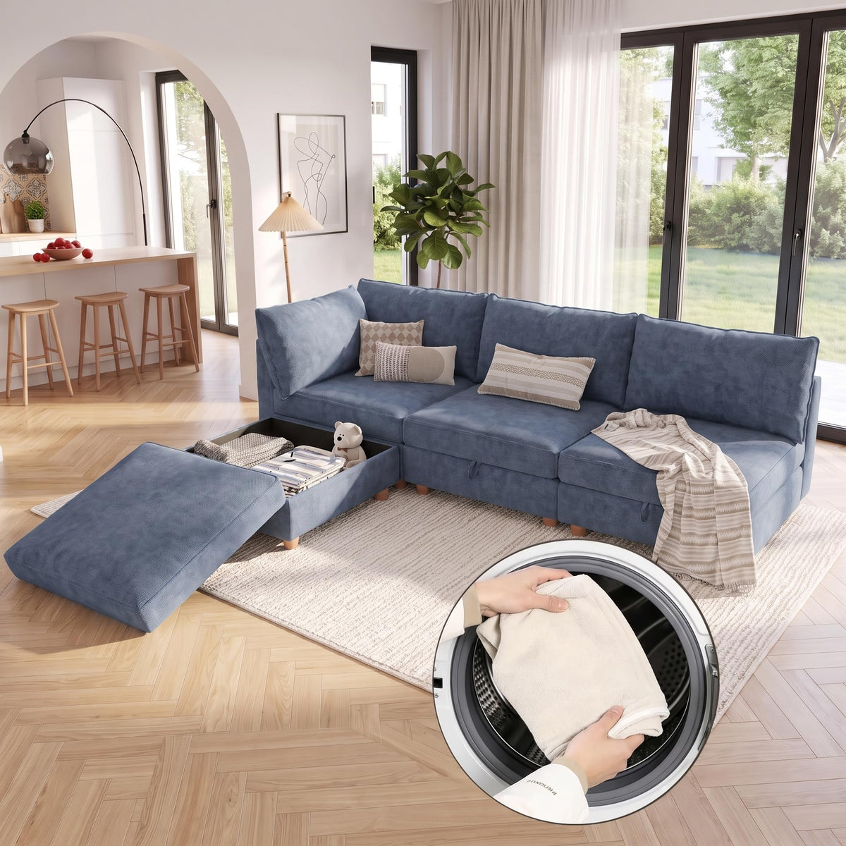 128'' Modular Sectional Sofa with Storage & Washable Covers, Convertible U/L Shaped Couch with Ottoman, 8-Seat Chenille Sectional Sleeper Sofa, Modular Sectional Sofas for Living Room,Orange