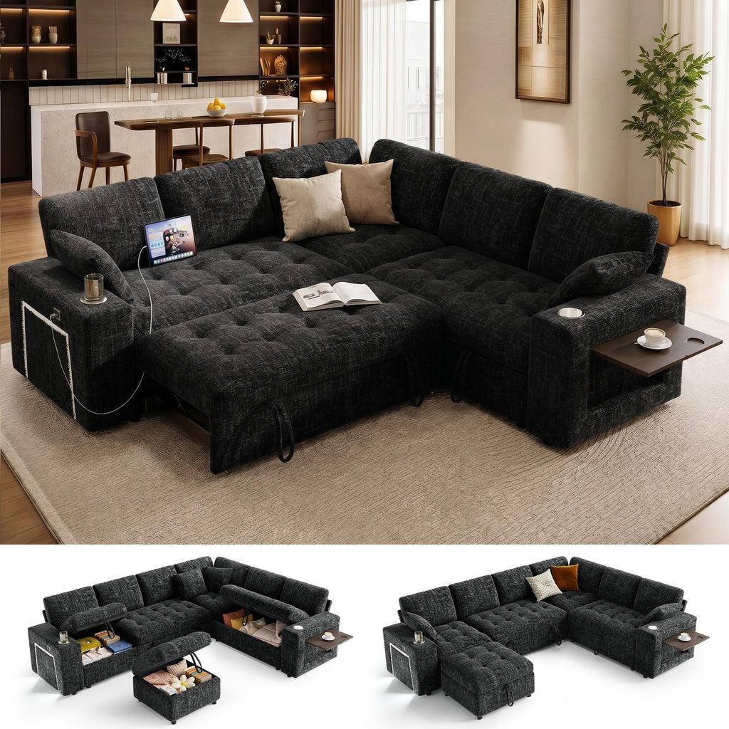 Vipbear 111" Sofa Bed, 7 Seat Modular Sectional Sleeper Sofa with Pull Out Bed, Chenille L Shaped Couch with Storage Ottoman|Cup Holders|Side Table|LED Light|USB Ports, Easy Assembly, Green