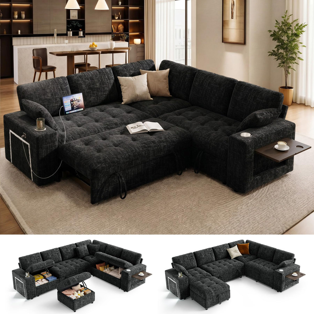 Vipbear 111" Sofa Bed, 7 Seat Modular Sectional Sleeper Sofa with Pull Out Bed, Chenille L Shaped Couch with Storage Ottoman|Cup Holders|Side Table|LED Light|USB Ports, Easy Assembly, Green