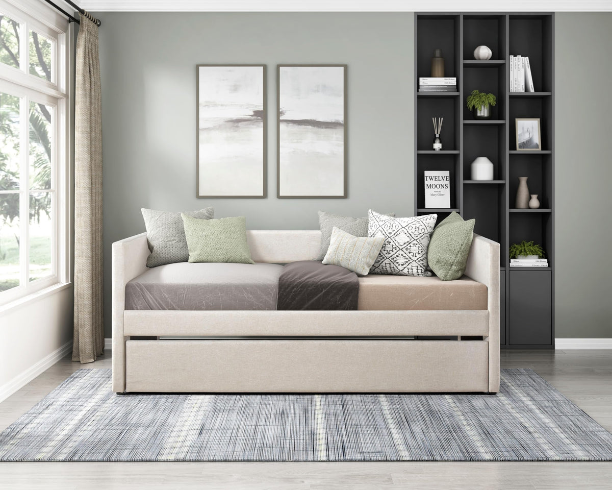 Versatile Daybed with Pull-Out Trundle, Textured Fabric Upholstery