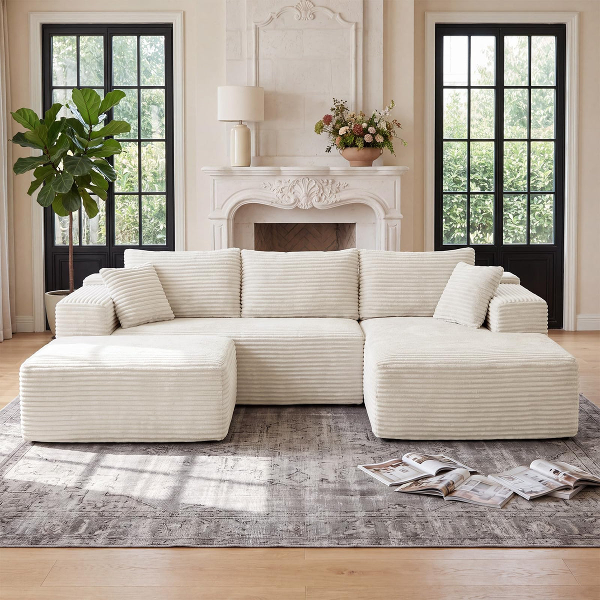 111" Boneless Sectional Couches for Living Room, 5 Seater Deep Seated U Shaped Cloud Couch with Ottomans, Chenille Compressed Modular Cloud Sofa Couch in a Box, No Assembly Required, Grey
