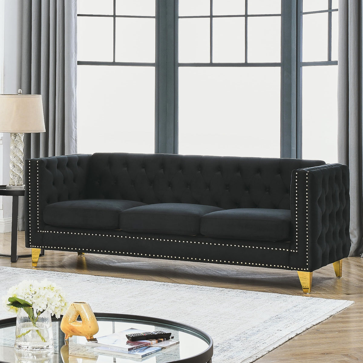 Velvet Upholstered Sofa, Buttons Tufted Couch with Square Arms, Modern Living Room Sofa with Metal Legs, Black Velvet